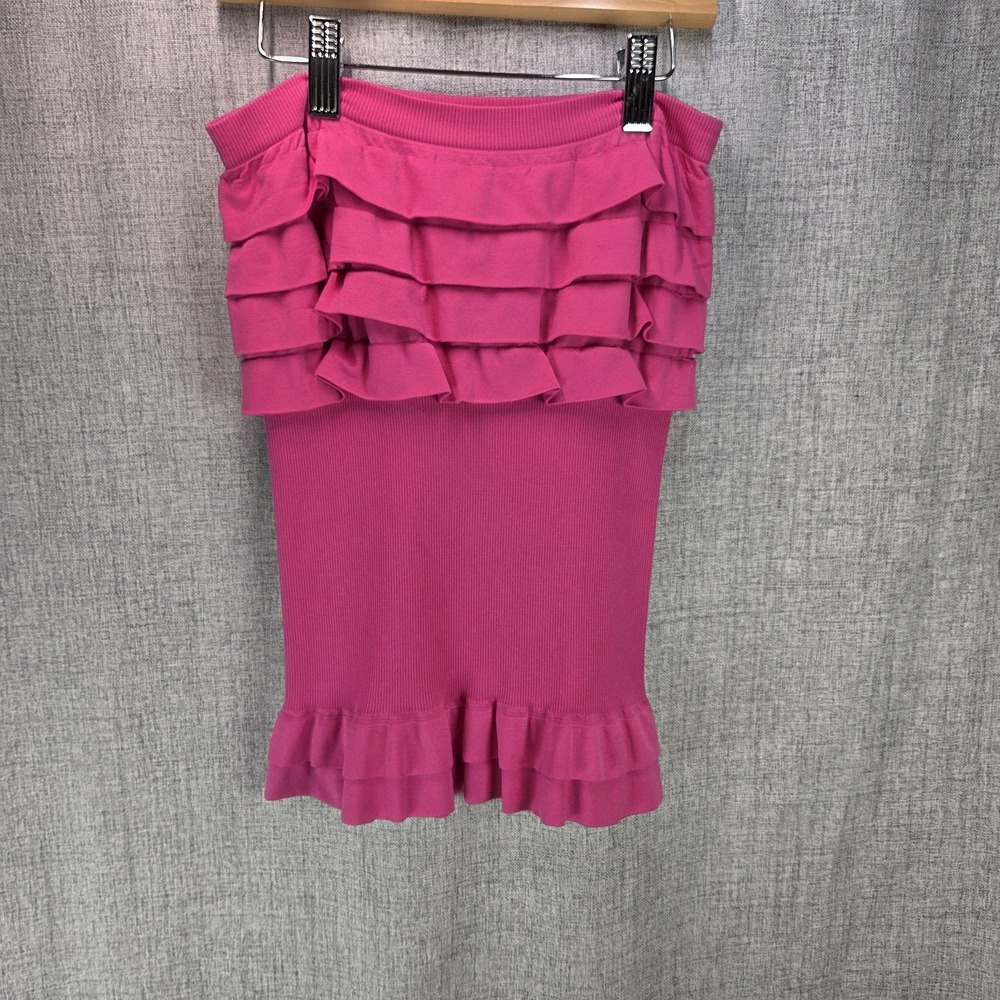 Y2K Strapless F&F Pink Ruffled Ribbed Tube Top *XS Semi Crop Barbiecore VTG